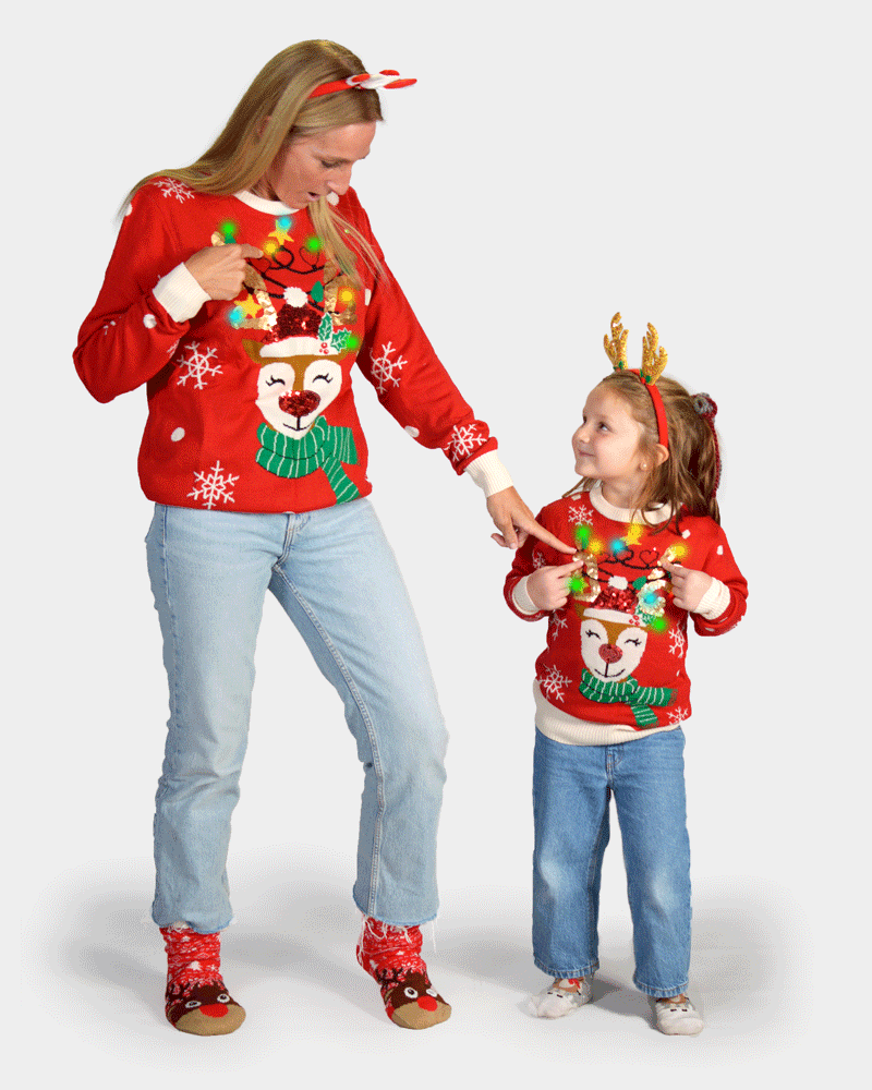 Pull de Noël pour Famille Lumineux LED Renne Brillant Paillettes