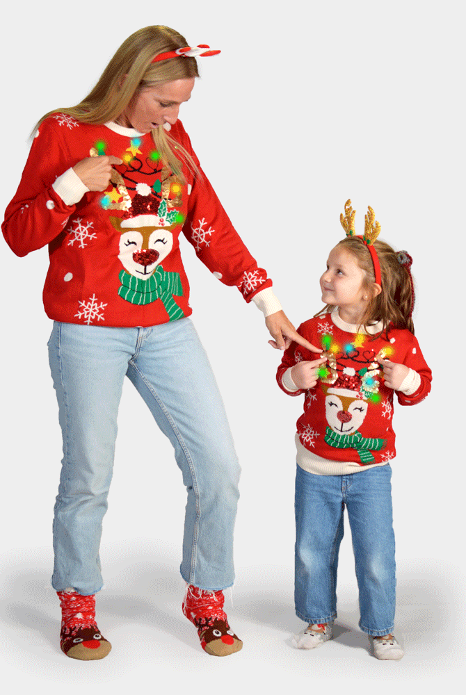 Pull de Noël pour Famille Lumineux LED Renne Brillant Paillettes