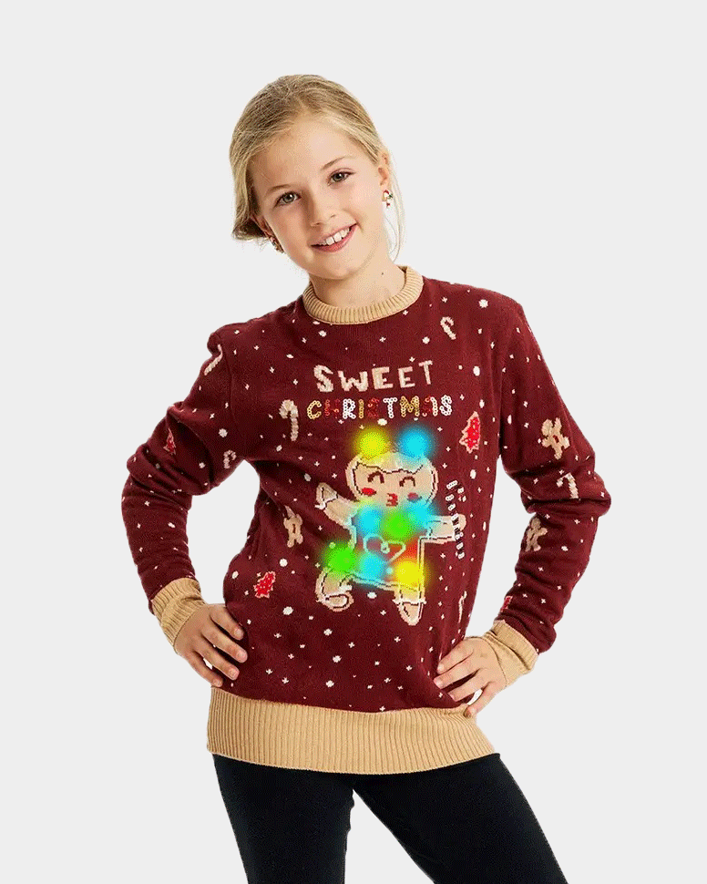 Pull de Noël pour Famille Lumineux LED Rouge Ginger Cookie enfants