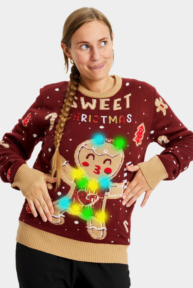 Pull de Noël pour Famille Lumineux LED Rouge Ginger Cookie femme