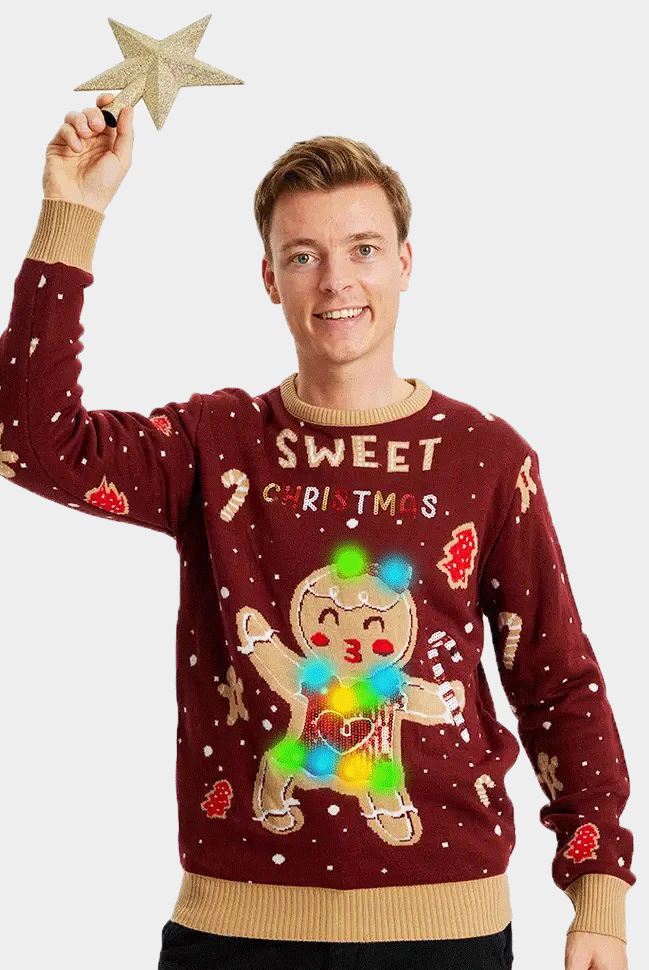 Pull de Noël pour Famille Lumineux LED Rouge Ginger Cookie homme