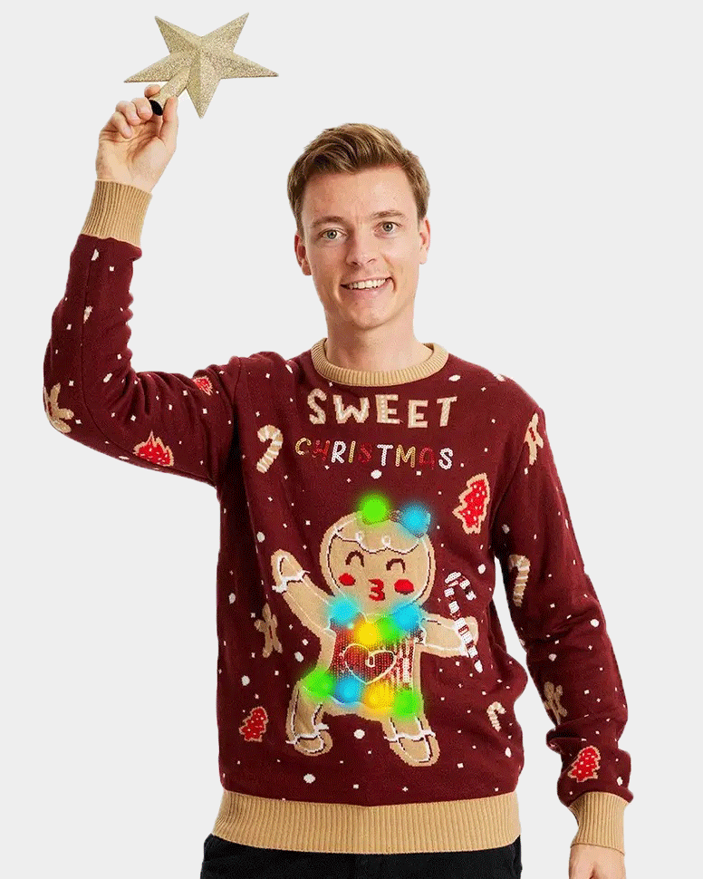 Pull de Noël pour Famille Lumineux LED Rouge Ginger Cookie homme