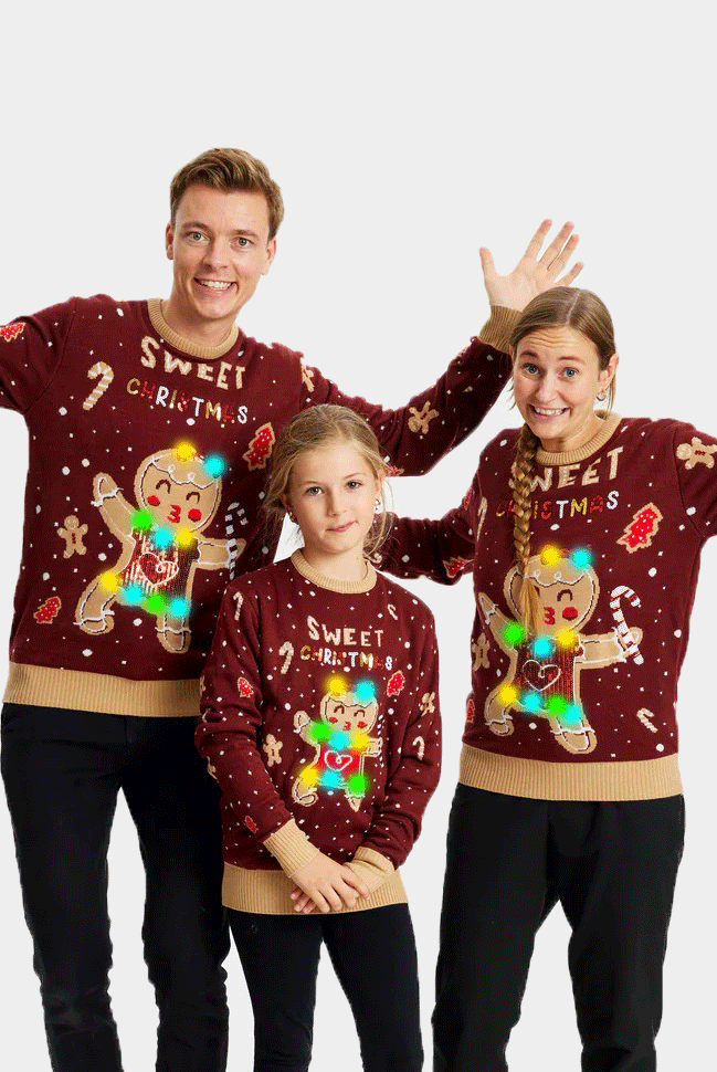 Pull de Noël pour Famille Lumineux LED Rouge Ginger Cookie