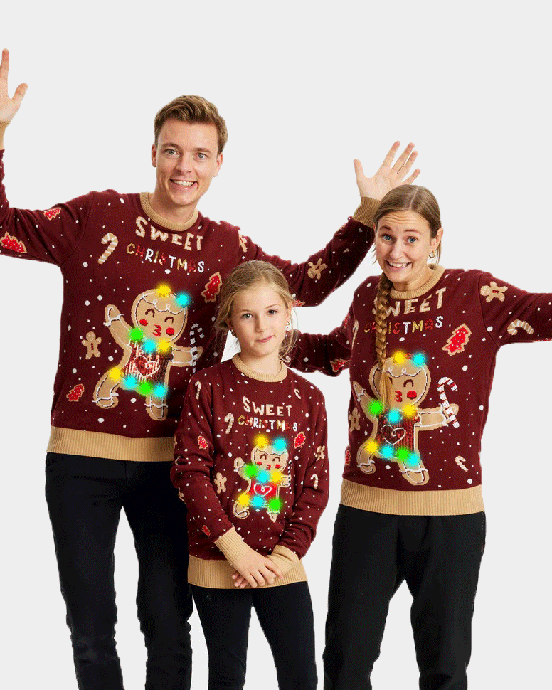 Pull de Noël pour Famille Lumineux LED Rouge Ginger Cookie