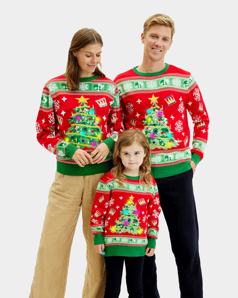 Pull de Noël pour Famille Lumineux LED Rouge Couple Sapin de Noël