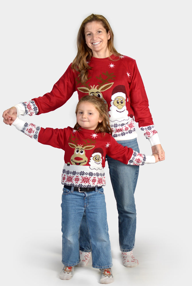 Pull de Noël pour Famille Noël et Renne Souriants
