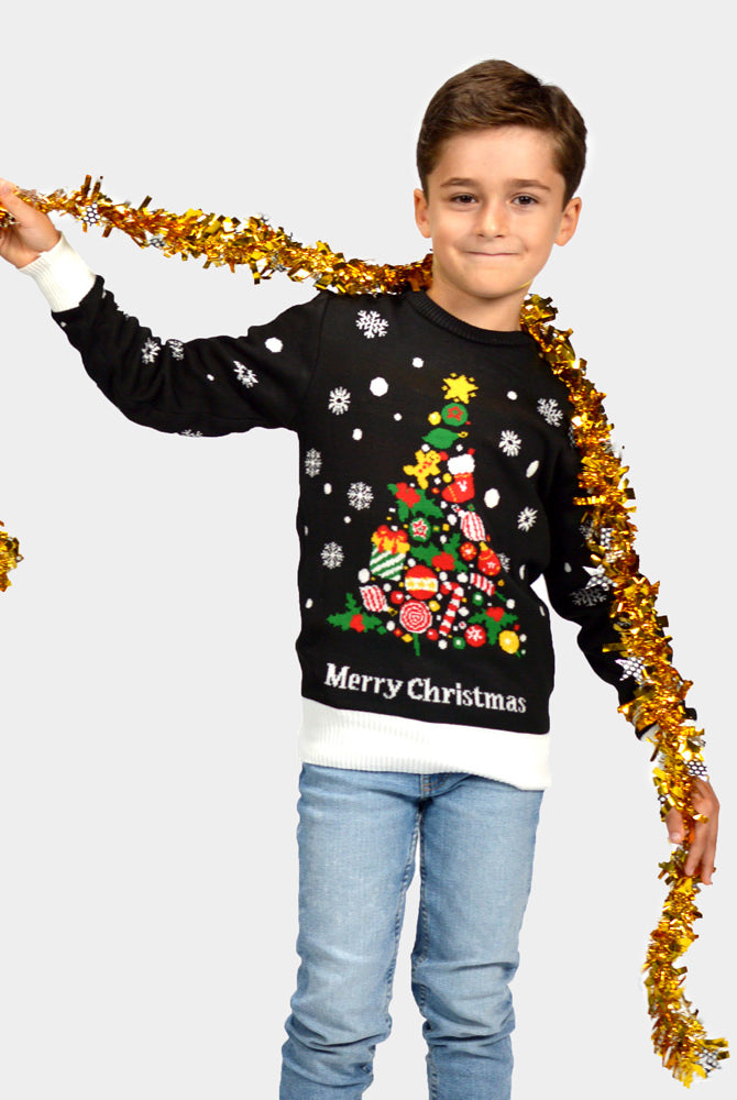 Pull de Noël enfants Famille Noire avec Sapin de Noël