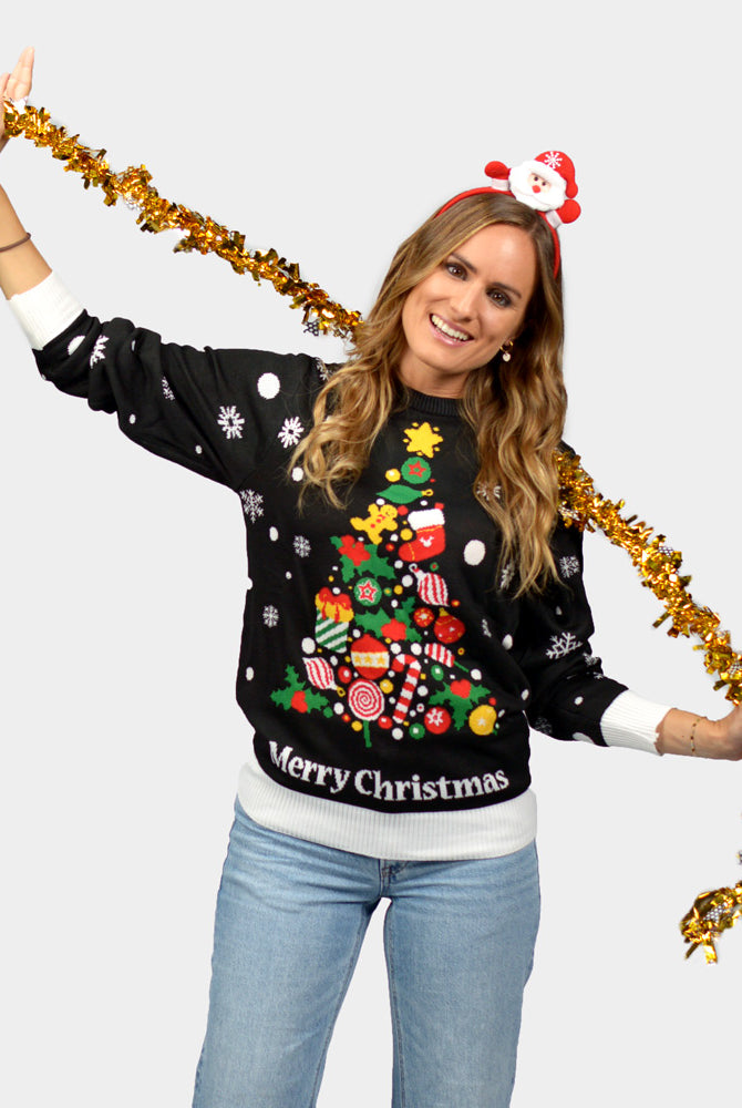 Pull de Noël femme Famille Noire avec Sapin de Noël