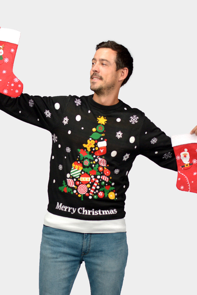 Pull de Noël homme Famille Noire avec Sapin de Noël