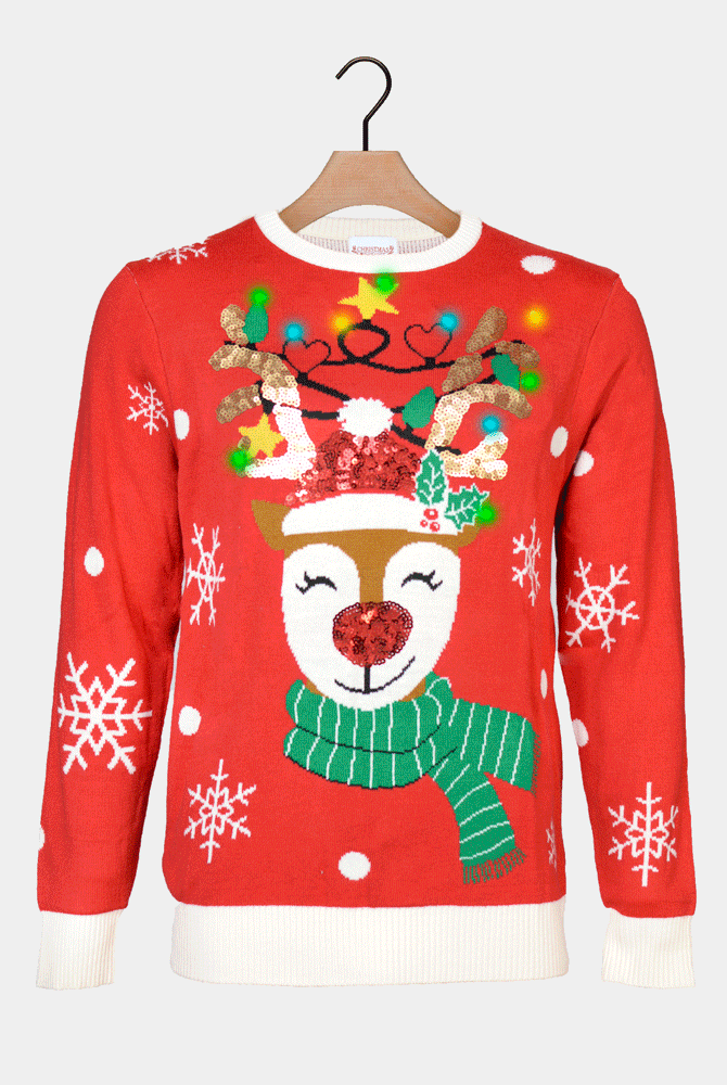 Pull de Noël Paillettes Famille Lumineux LED Renne Brillant