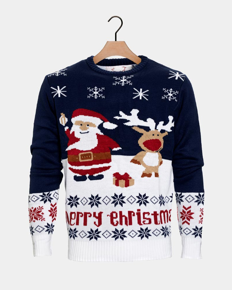 Pull de Noël pour Famille avec le Père Noël Bleu le Renne Rudolph