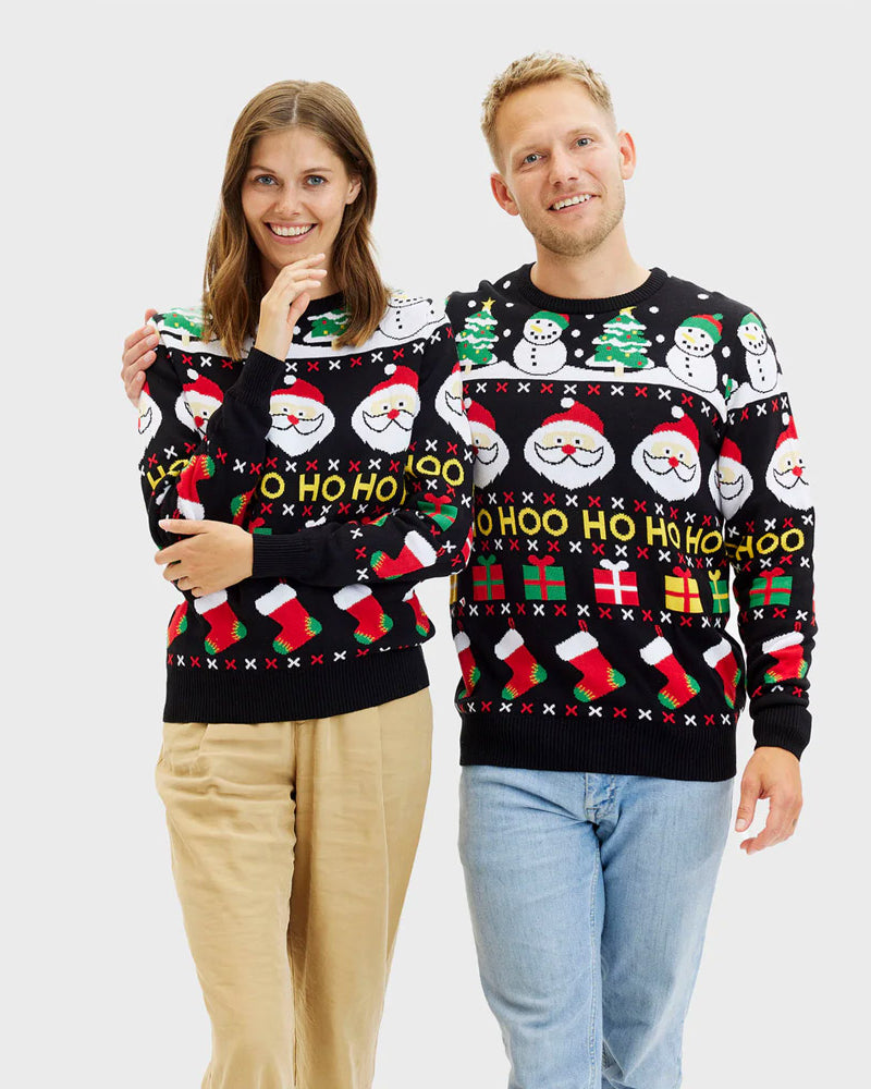Coton Bio Pull de Noël pour Famille Père Noël, Cadeaux et Bonhommes de Neige couple