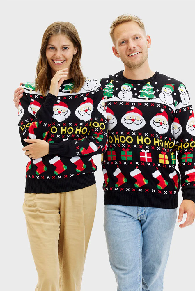 Coton Bio Pull de Noël pour Famille Père Noël, Cadeaux et Bonhommes de Neige couple