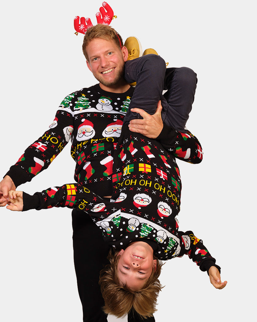 Coton Bio Pull de Noël pour Famille Père Noël, Cadeaux et Bonhommes de Neige