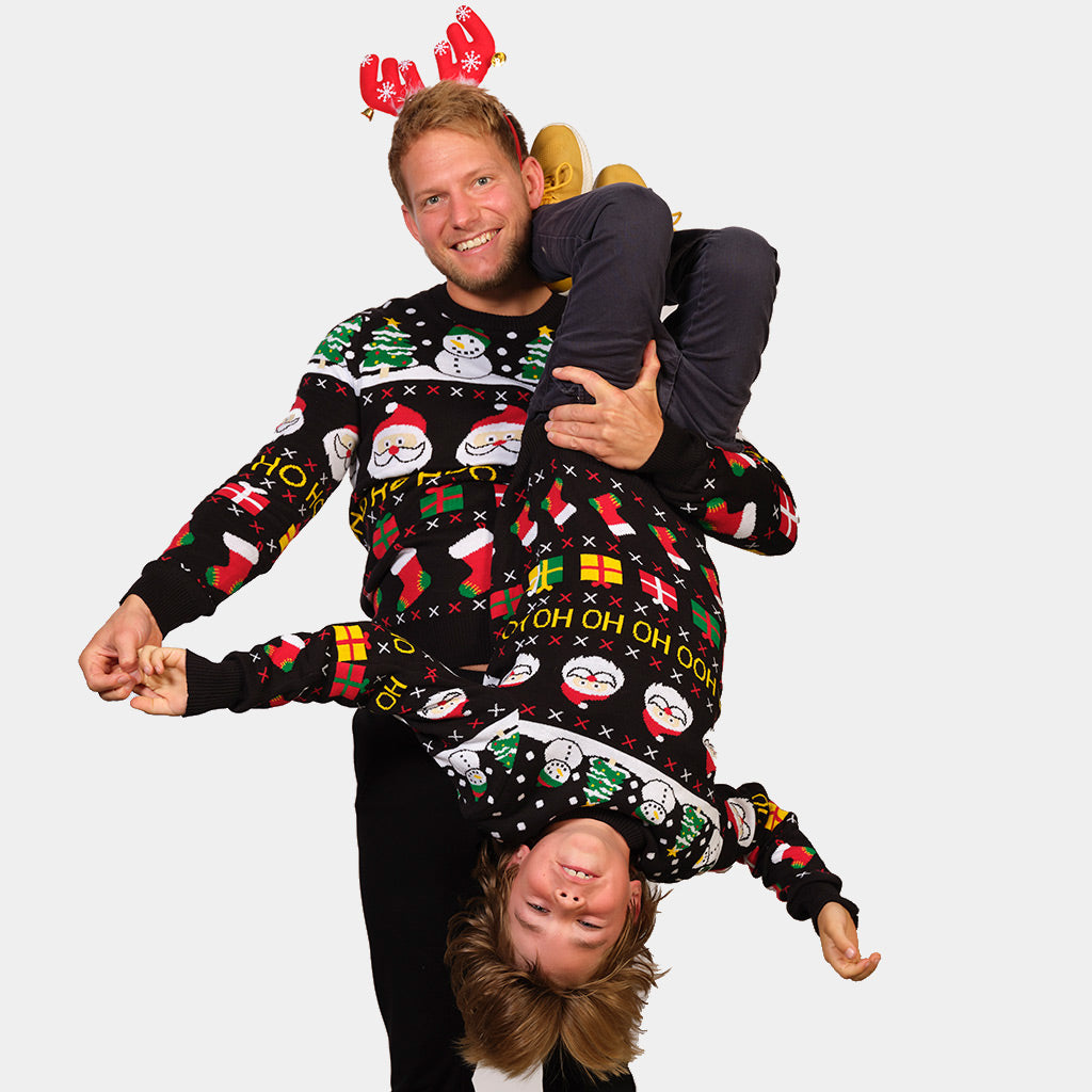 Coton Bio Pull de Noël pour Famille Père Noël, Cadeaux et Bonhommes de Neige