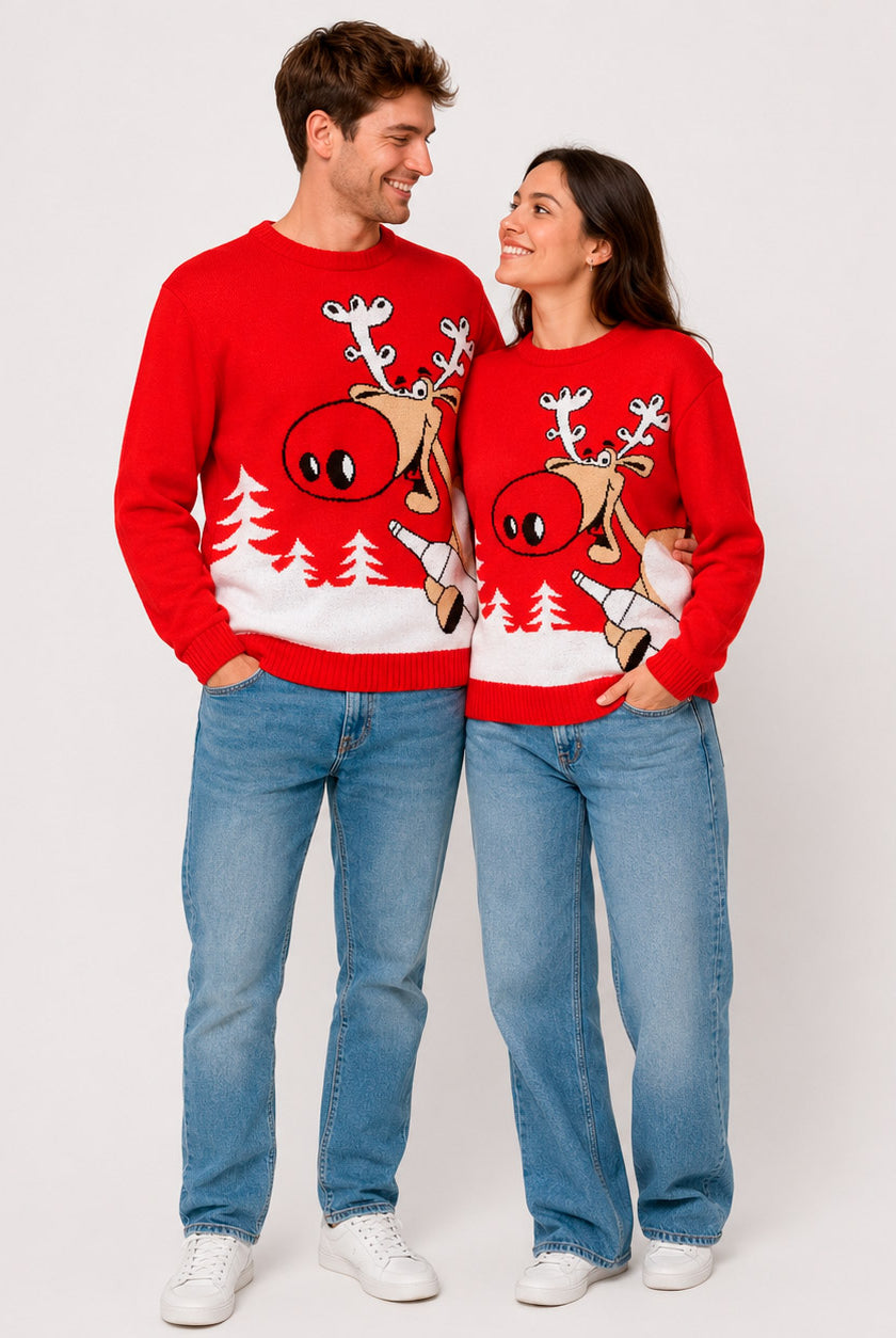 Pull de Noël famille Rouge Renne avec Bière Couple