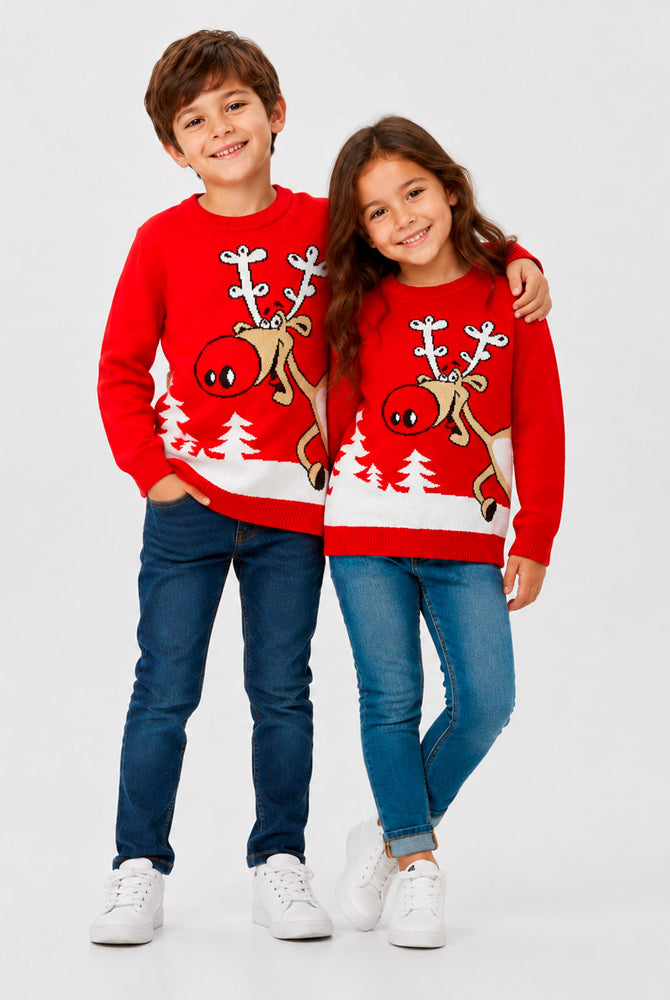 Pull de Noël famille Rouge Renne avec Bière enfants