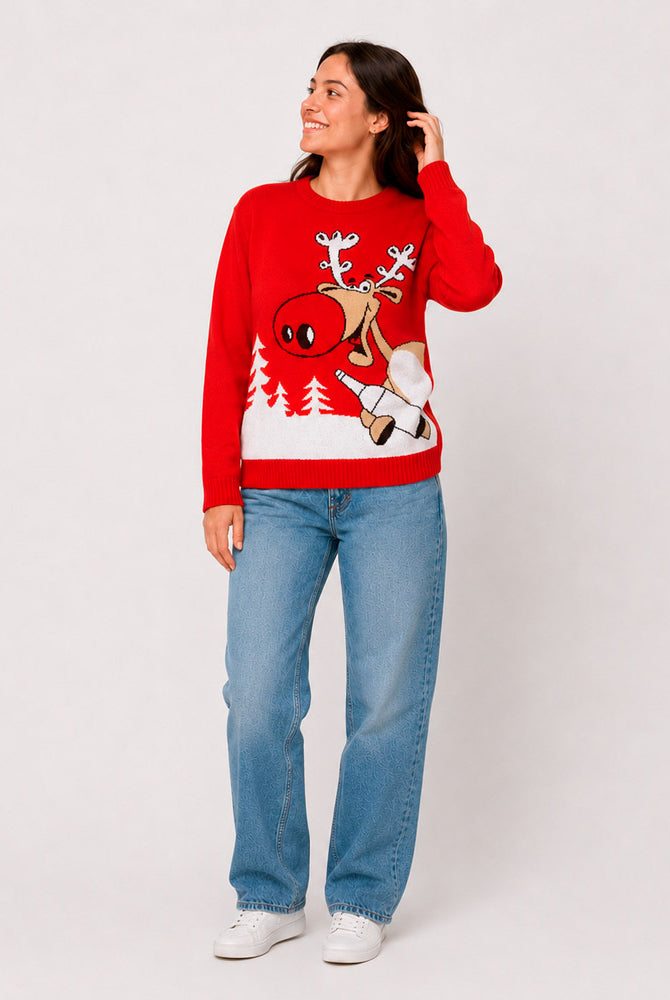 Pull de Noël famille Rouge Renne avec Bière Femme
