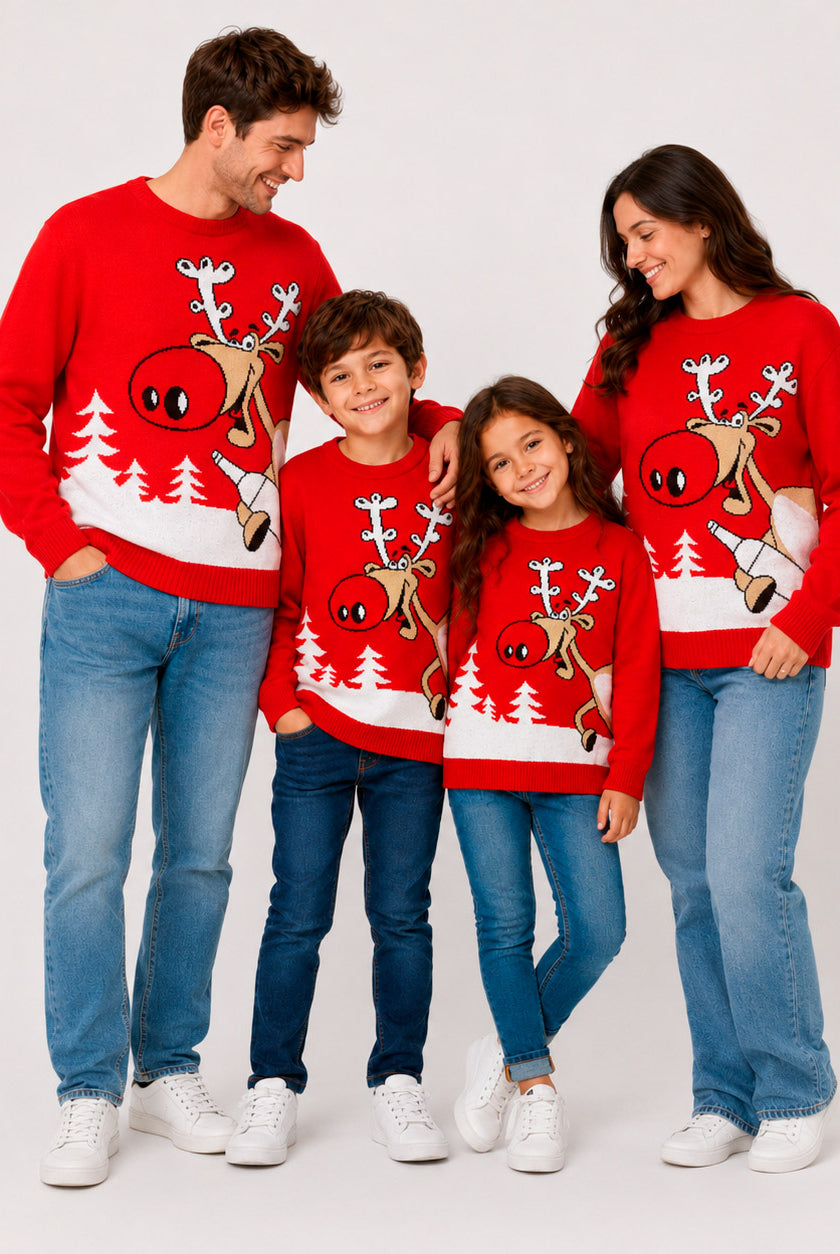 Pull de Noël famille Rouge Renne avec Bière