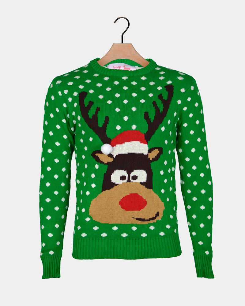 Pull de Noël pour Famille Renne avec Bonnet de Noël 3D Vert
