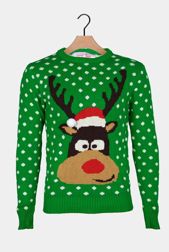 Pull de Noël pour Famille Renne avec Bonnet de Noël 3D Vert