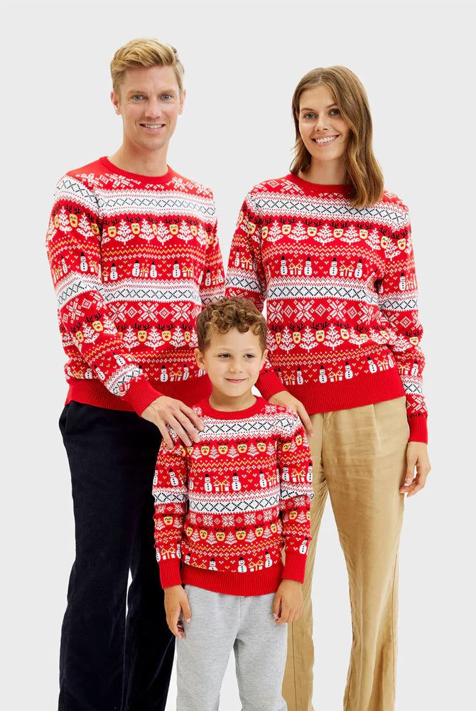 Pull de Noël Famille Rouge Bonhommes de Neige et Sapins Coton Bio