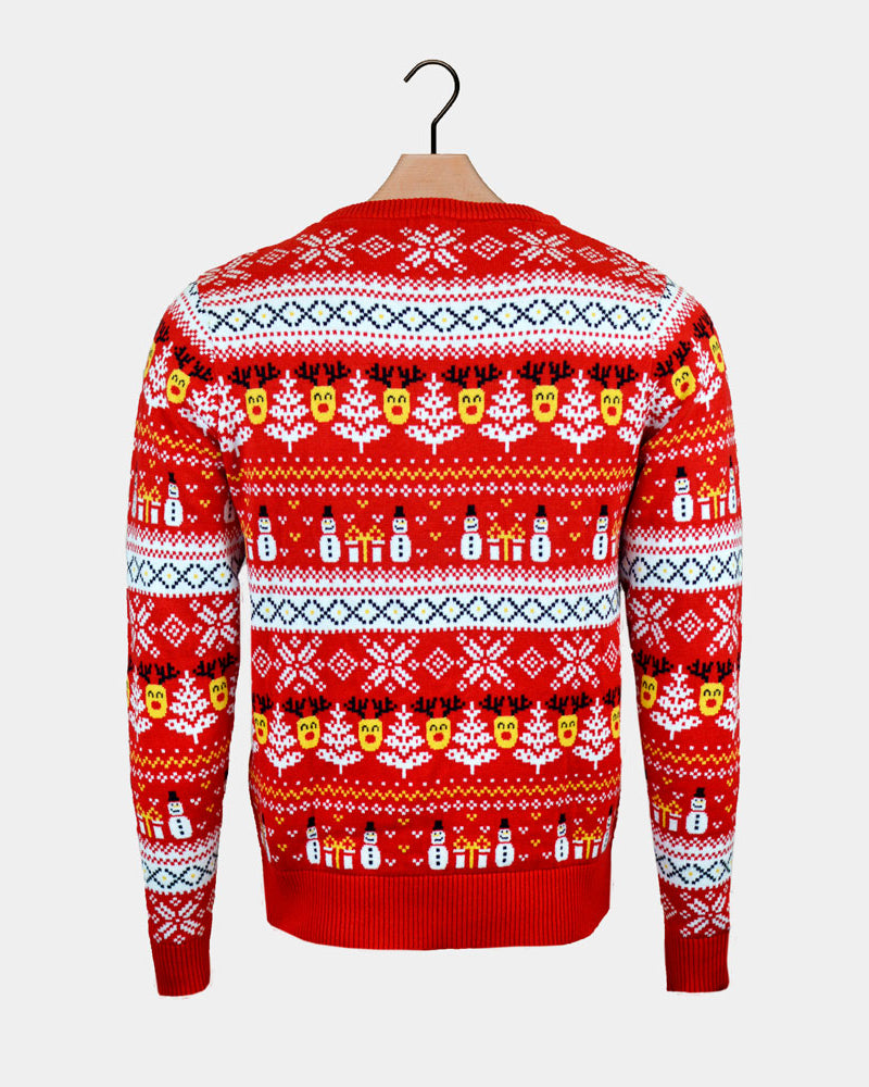 Pull de Noël Famille Rouge Coton Bio Bonhommes de Neige et Sapins