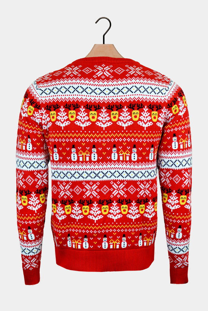 Pull de Noël Famille Rouge Coton Bio Bonhommes de Neige et Sapins