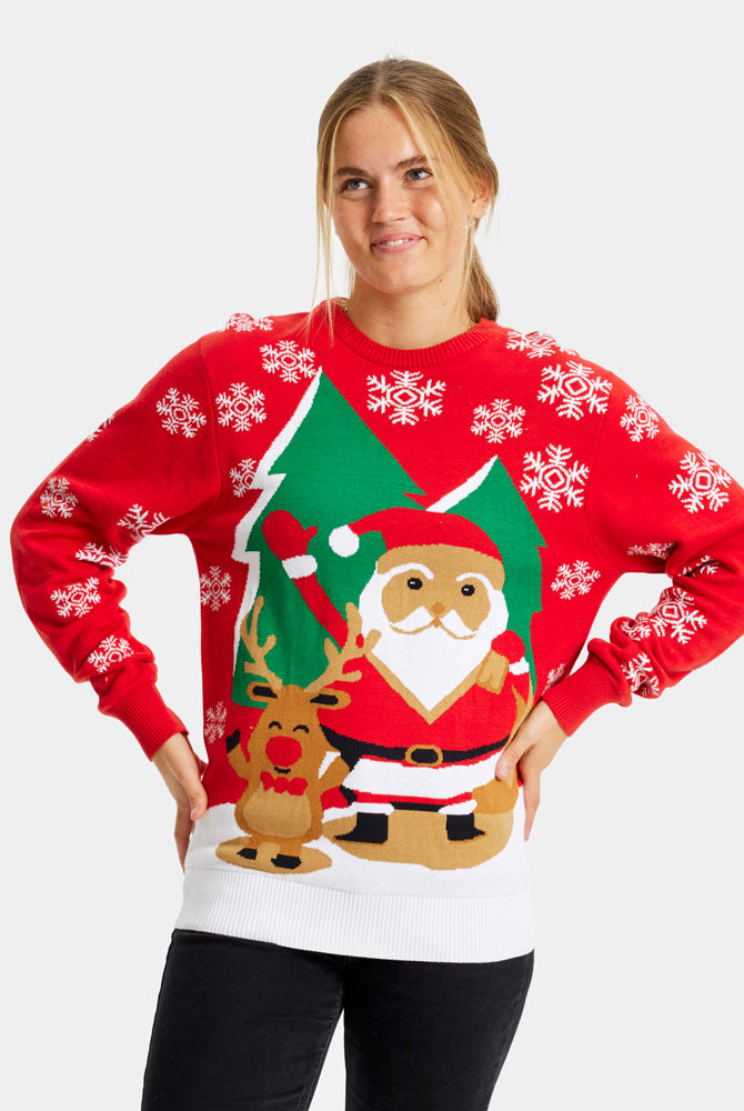 Pull de Noël pour Famille Rouge avec Père Noël et Renne Saluant Femme