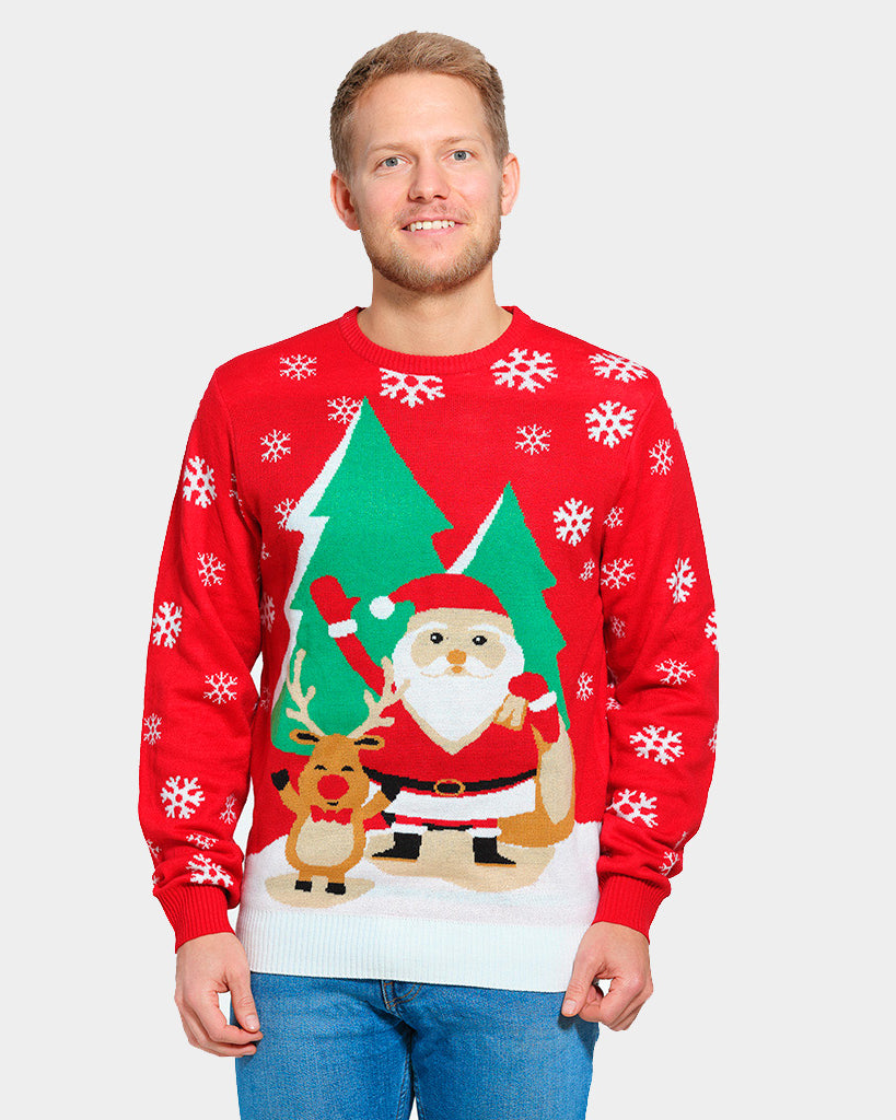 Homme Pull de Noël pour Famille Rouge avec Père Noël et Renne Saluant