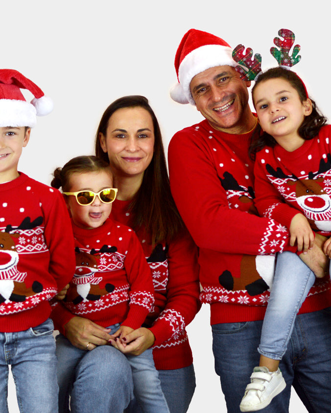 Pull de Noël pour Famille Rouge Renne Rudolph Echarpe