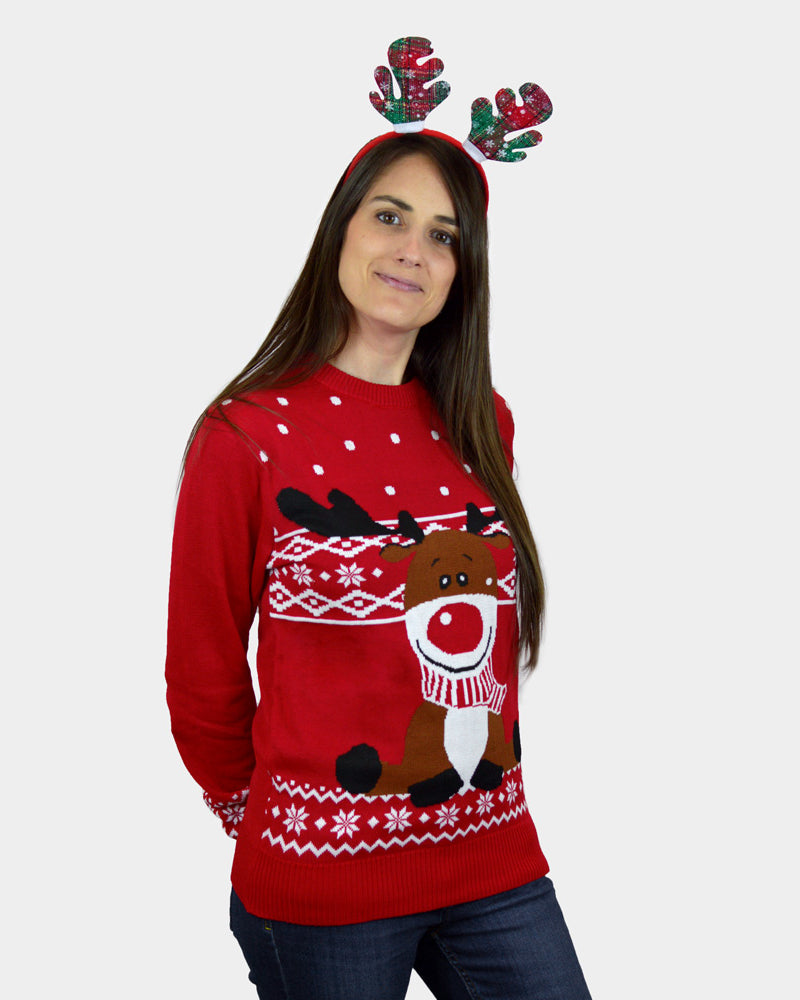 Pull de Noël pour Famille Rouge Renne Rudolph Echarpe femme