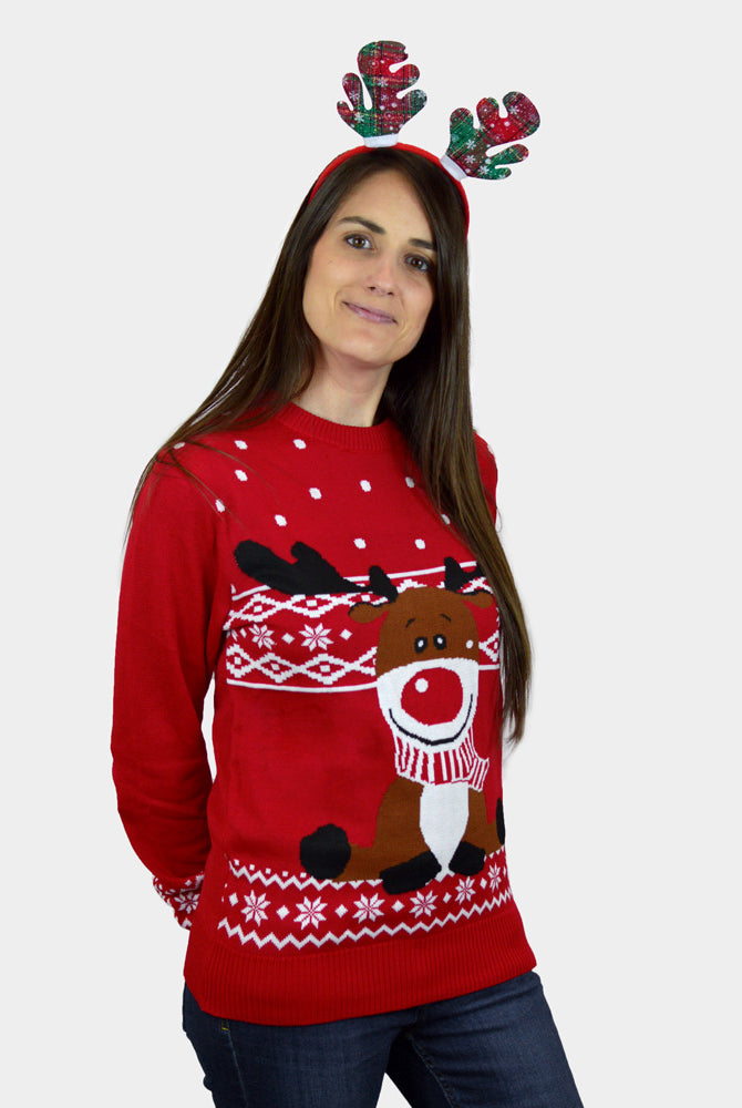 Pull de Noël pour Famille Rouge Renne Rudolph Echarpe femme