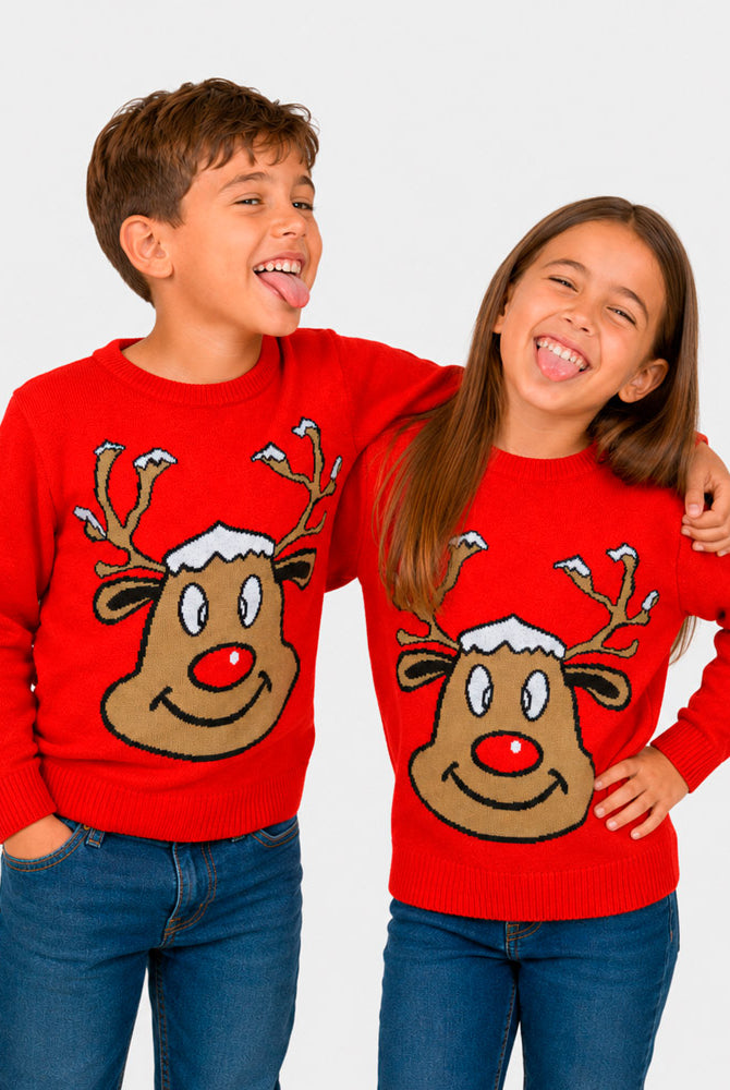 Pull de Noël famille Rouge avec Renne Souriant Enfants