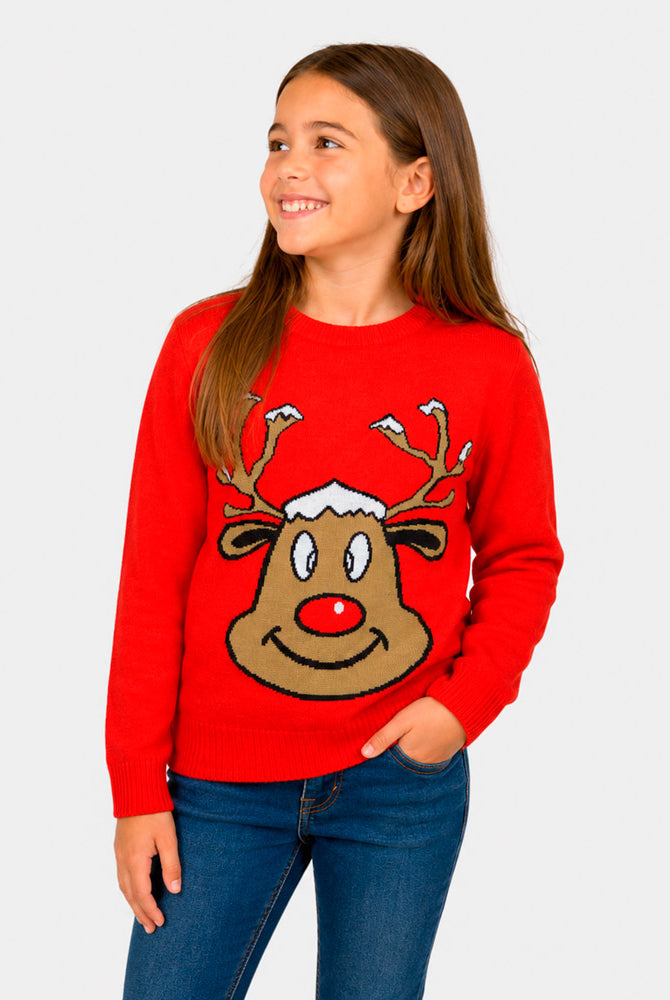 Pull de Noël famille Rouge avec Renne Souriant fille