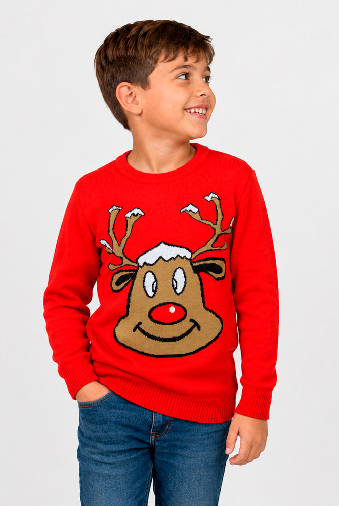 Pull de Noël famille Rouge avec Renne Souriant Garçon