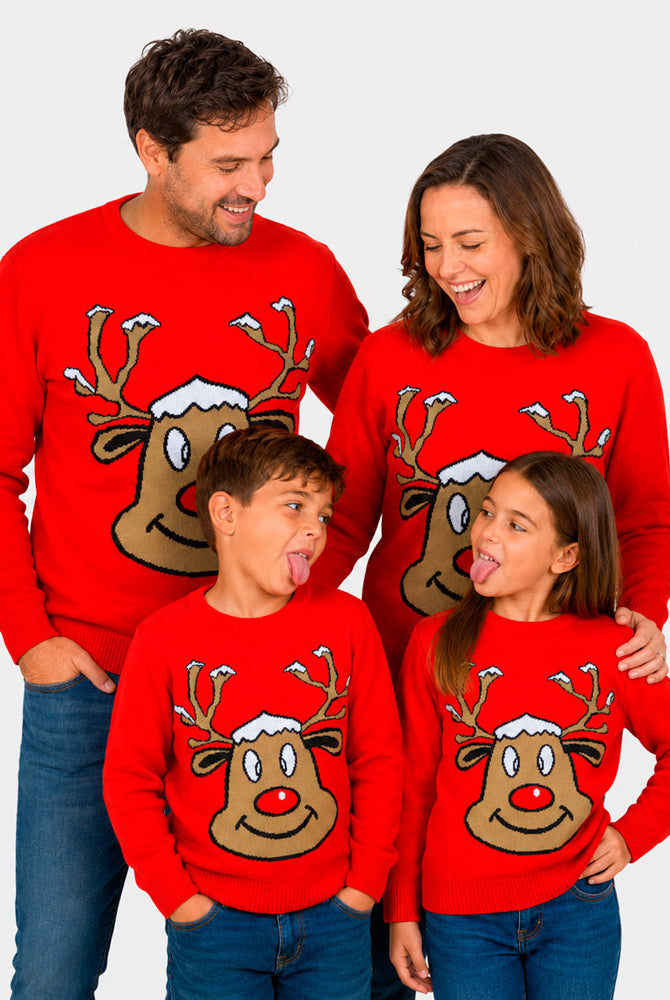 Pull de Noël famille Rouge avec Renne Souriant