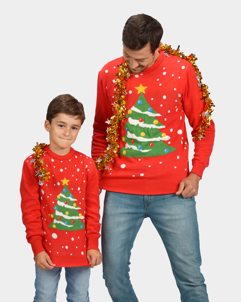 Pull de Noël pour Famille homme et enfant Rouge Sapin de Noël