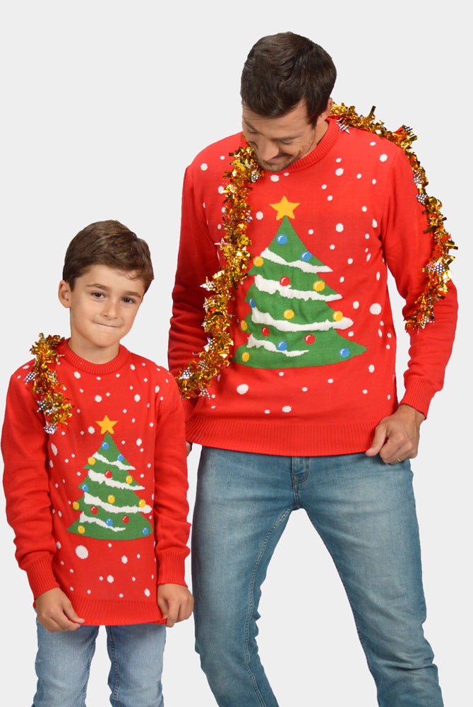 Pull de Noël pour Famille homme et enfant Rouge Sapin de Noël