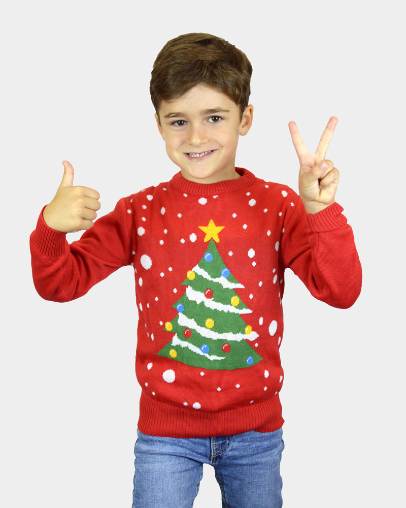 Pull de Noël Enfant Famille Rouge Sapin de Noël