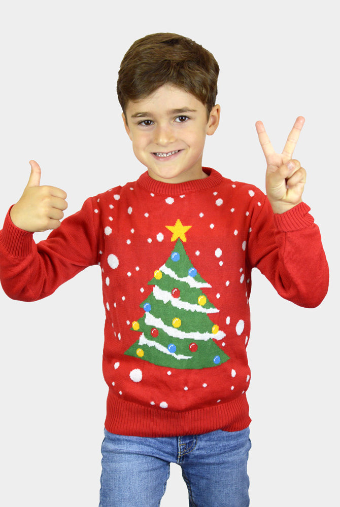 Pull de Noël Enfant Famille Rouge Sapin de Noël