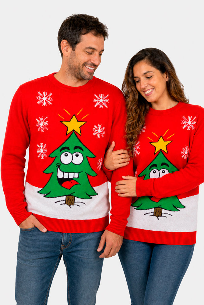 Pull de Noël Famille Rouge avec Sapin de Noël Souriant couple