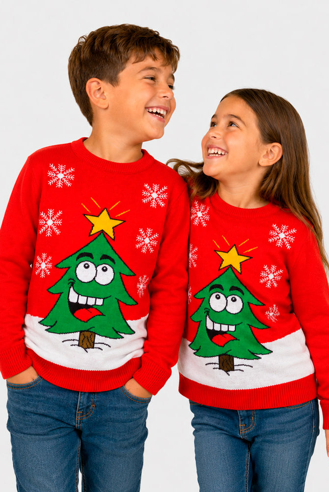 Pull de Noël Famille Rouge avec Sapin de Noël Souriant Enfants
