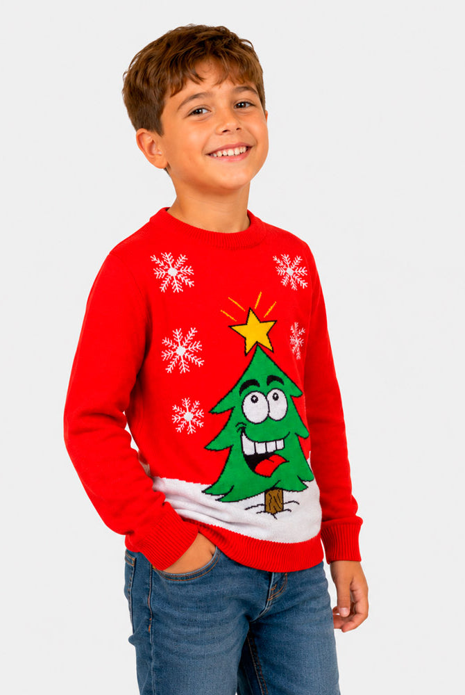 Pull de Noël Famille Rouge avec Sapin de Noël Souriant Garçon
