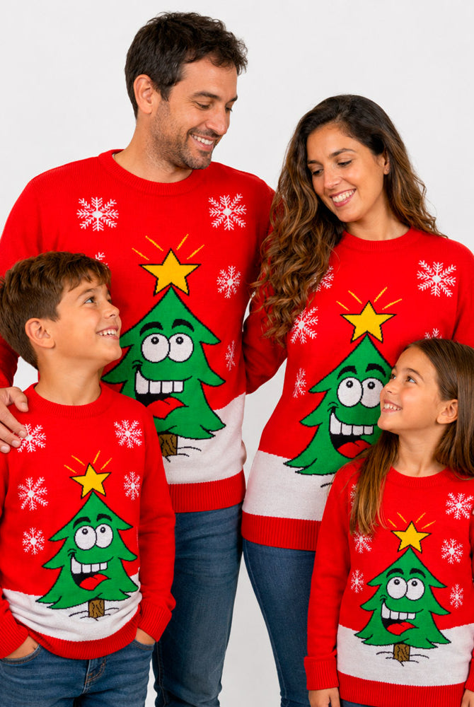 Pull de Noël Famille Rouge avec Sapin de Noël Souriant