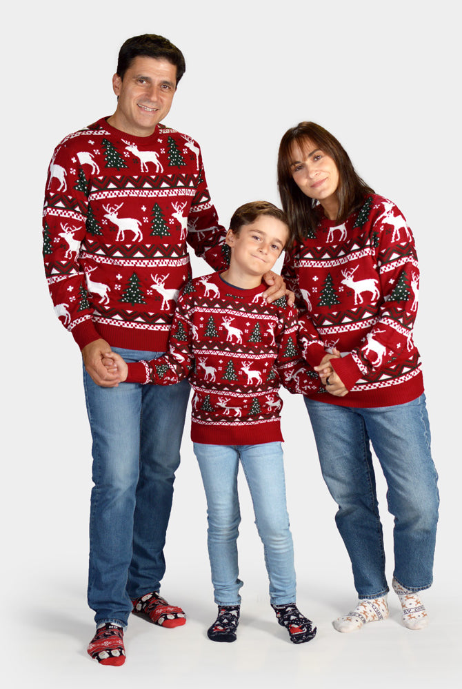 Pull de Noël pour Famille Rouge avec Sapins de Noël et Rennes