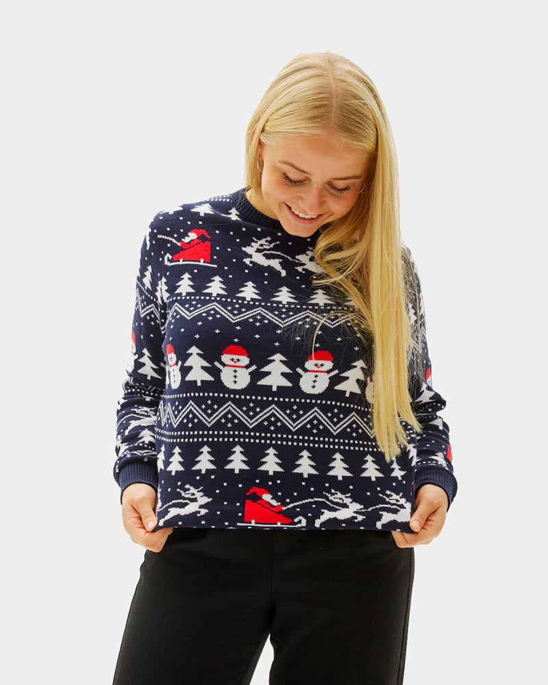 Pull de Noël Femme Famille avec Sapins, Bonhommes de Neige et Père Noël