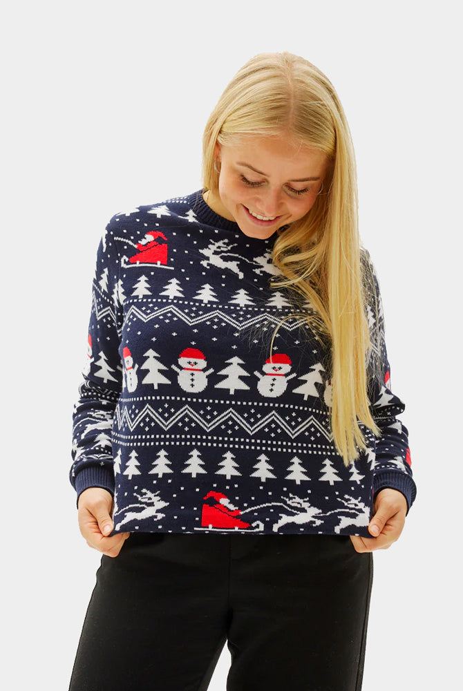 Pull de Noël Femme Famille avec Sapins, Bonhommes de Neige et Père Noël