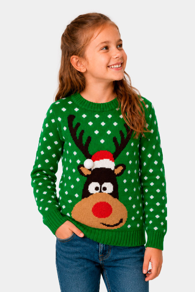 Pull de Noël pour Famille Vert Renne avec Bonnet de Noël 3D Fille