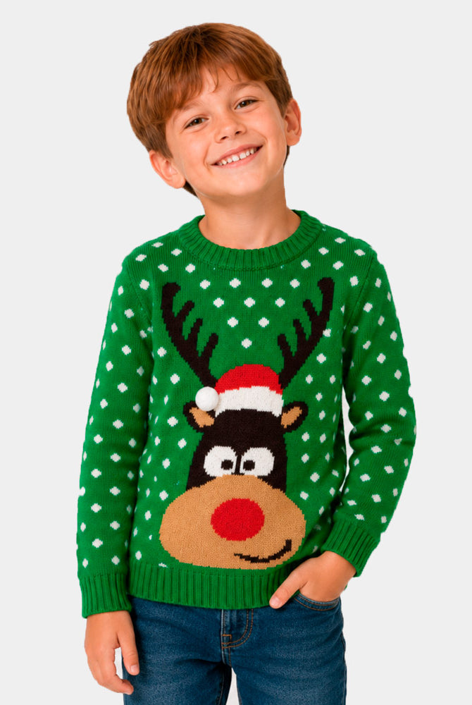 Pull de Noël pour Famille Vert Renne avec Bonnet de Noël 3D Garçon